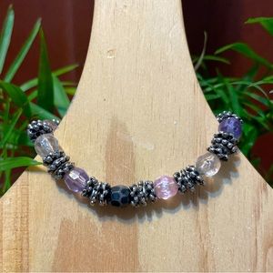light Pink, purple, clear & silver stretchy bracelet